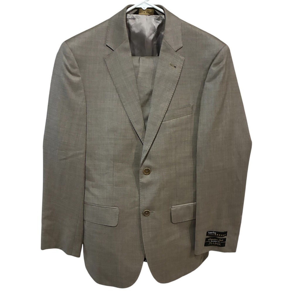 Jos A Bank Signature Gold Tailored Fit Suit 36R 30W Tan Wool Sharkskin NEW